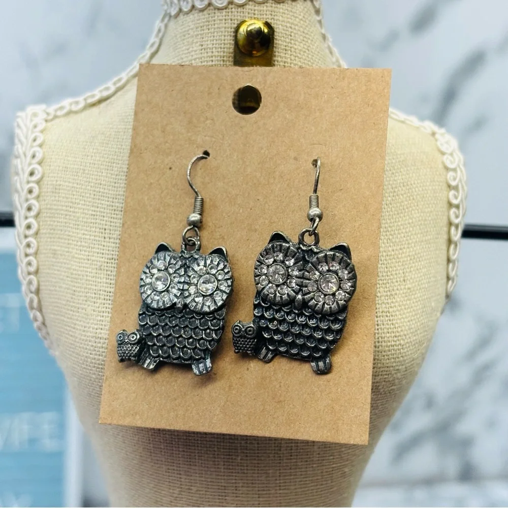 Rhinestone Owl Dangle Earrings - Silver Tone
